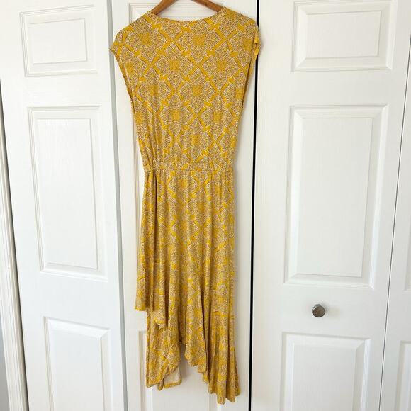 Anthropologie Maeve Fête Wrap Yellow Printed Asymmetrical Midi Dress XS EUC - Picture 7 of 9